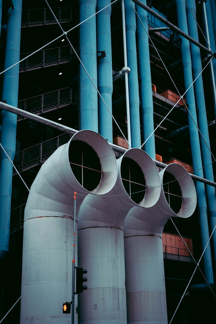 Vertical view of the Pompidou Center pipes and infrastructure in Paris, France.