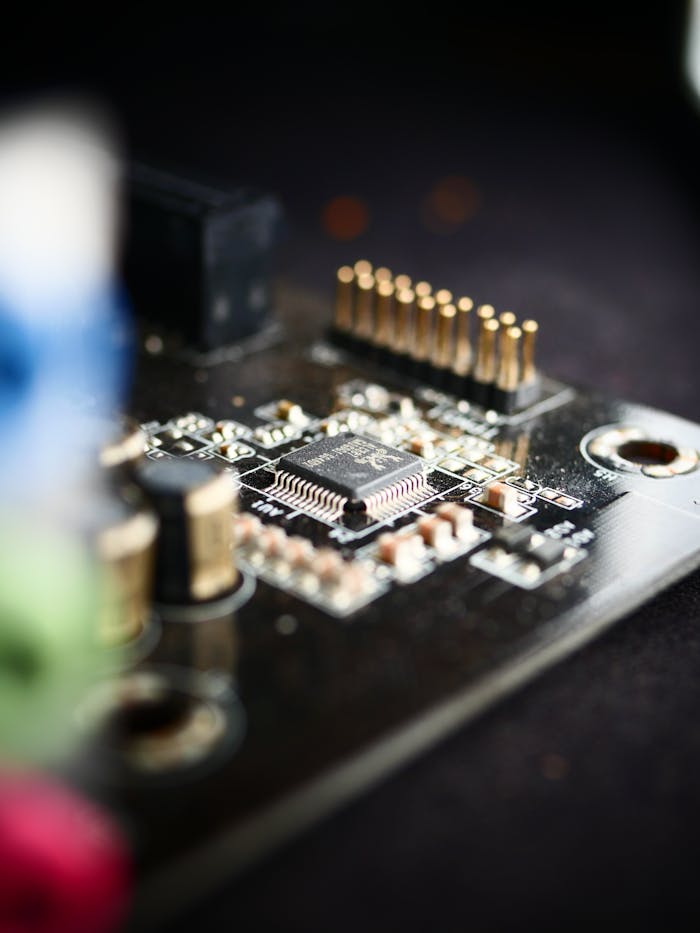 Detailed view of a microchip on a circuit board, showcasing modern electronics.